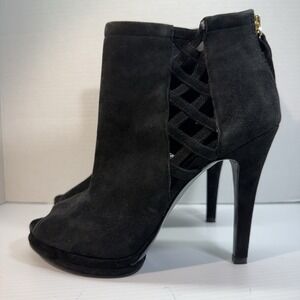 Nine West Suede Open Toe Booties Heels Black Stiletto Platform Womens Size 8.5 M